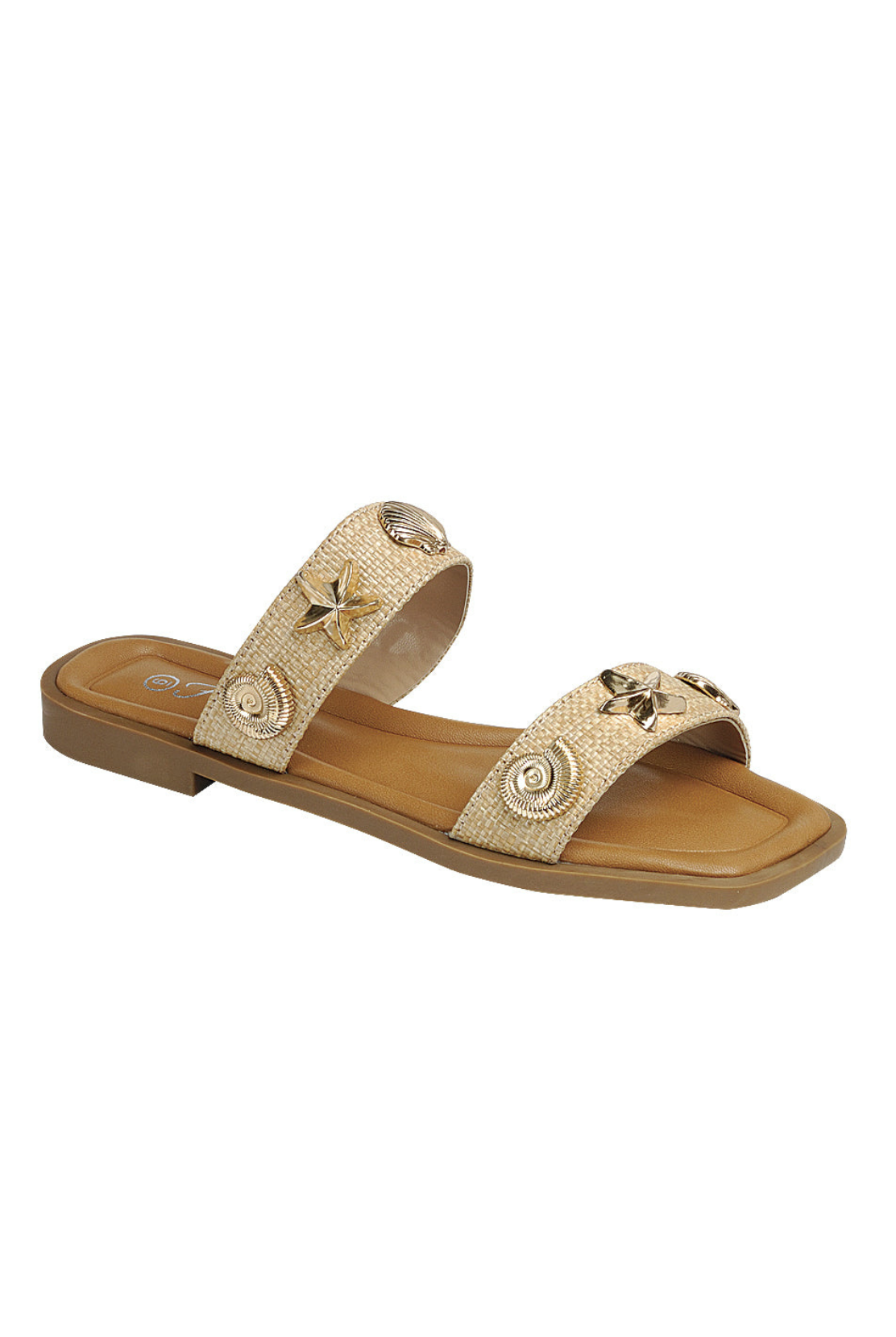 RARA Boutique nautical seashell charm double strap slide sandals with open toe design and comfortable flat sole.