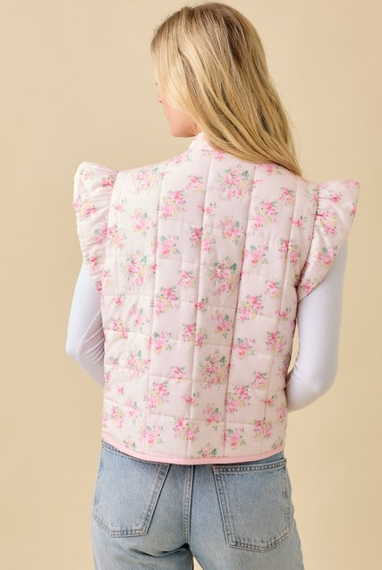 Floral Printed Ruffle Sleeve Quilted Puff Vest - Main Strip - RARA Boutique