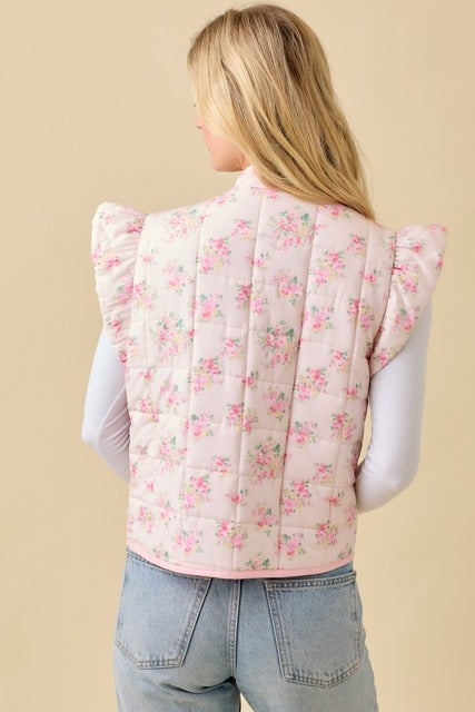Floral Printed Ruffle Sleeve Quilted Puff Vest - Main Strip - RARA Boutique