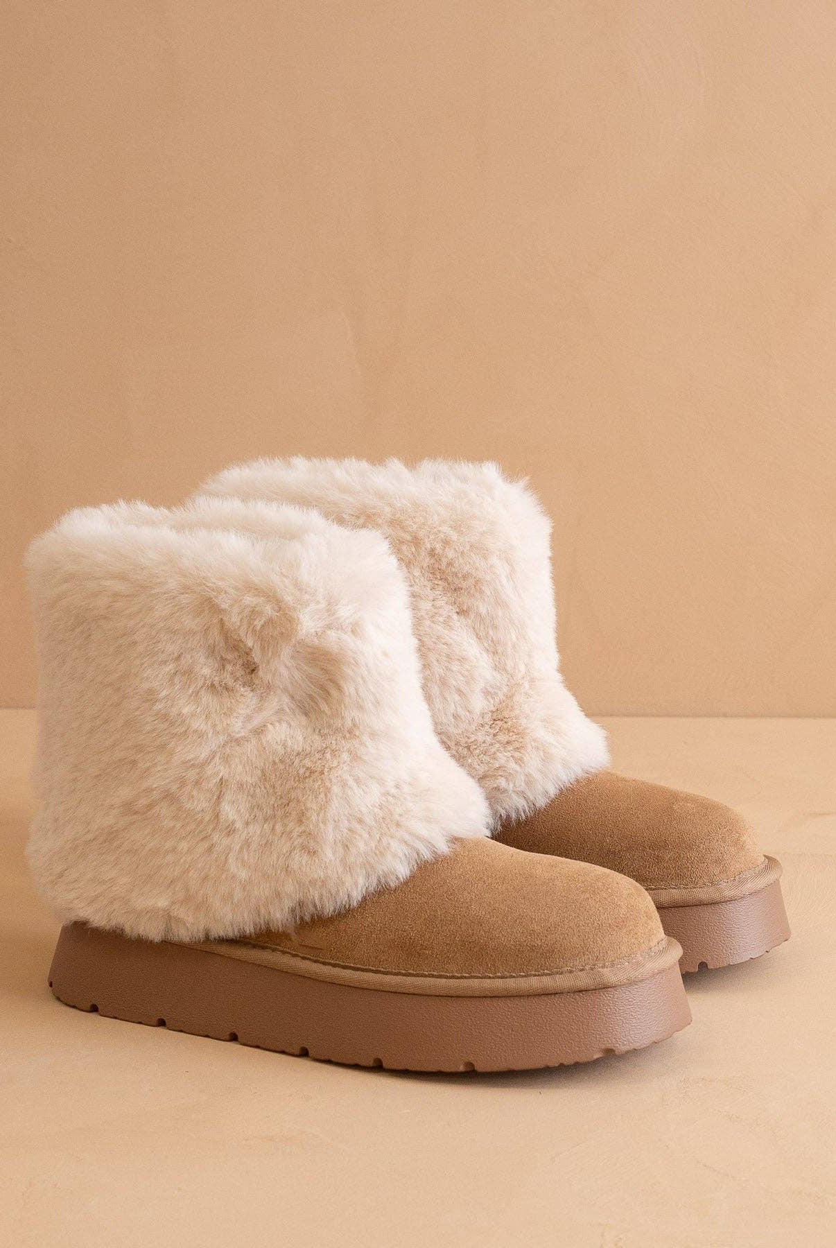 OASIS SOCIETY Johanna Latte Fur Platform Winter Boot with thick sole and cozy fur lining, shown from side angle.