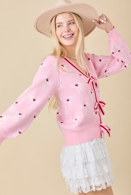 Ribbon Bow Print Striped Cardigan - Main Strip - RARA Boutique