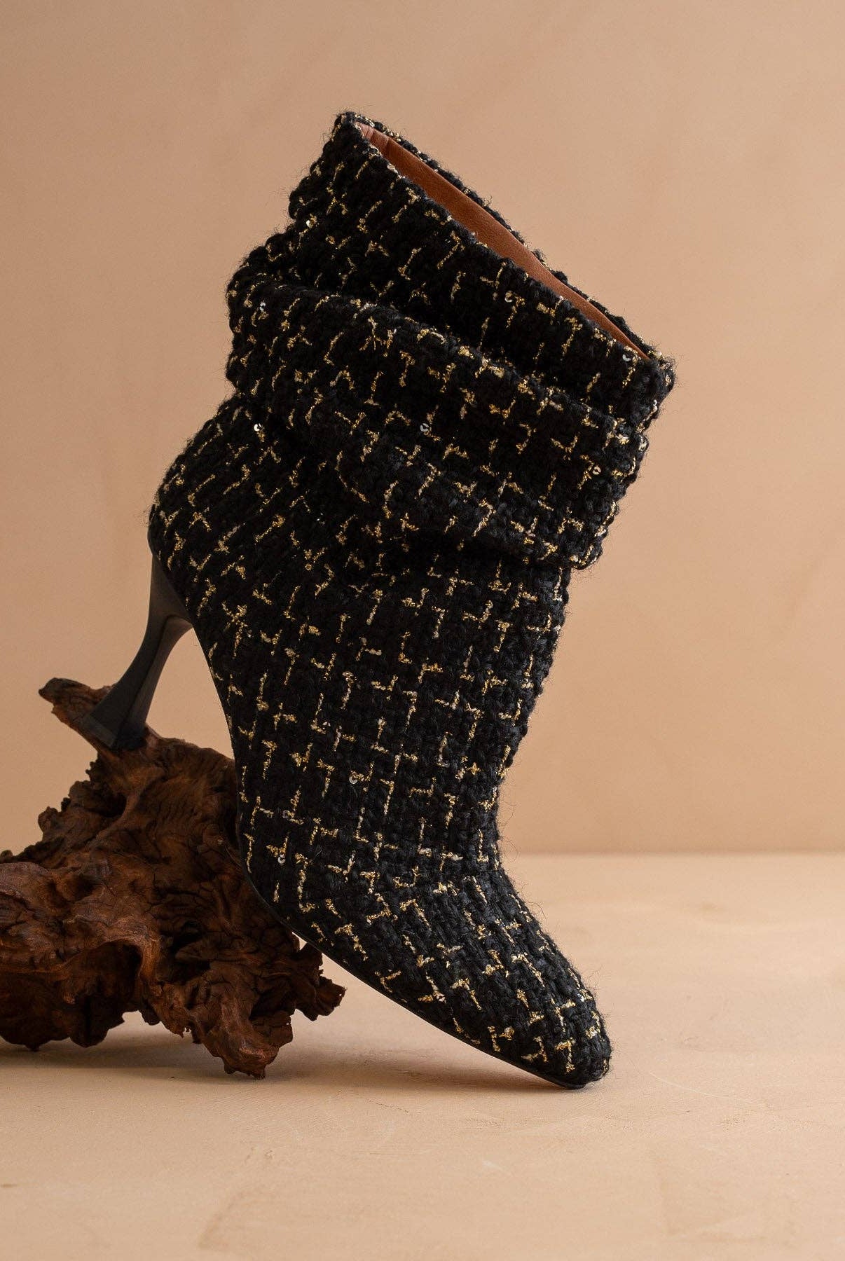 Black tweed slouch heel fall bootie from Oasis Society featuring a stylish, textured design and a comfortable, chic silhouette.