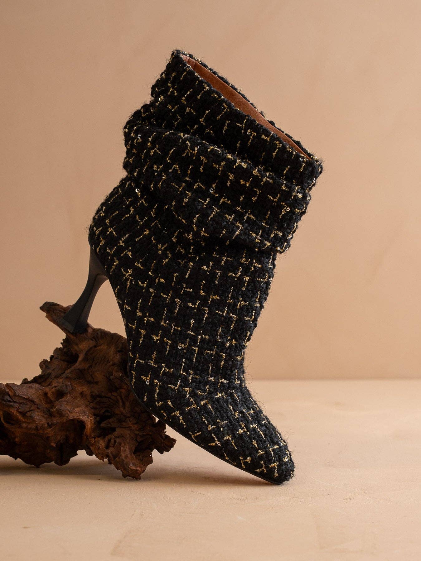 Black tweed slouch heel fall bootie from Oasis Society featuring a stylish, textured design and a comfortable, chic silhouette.