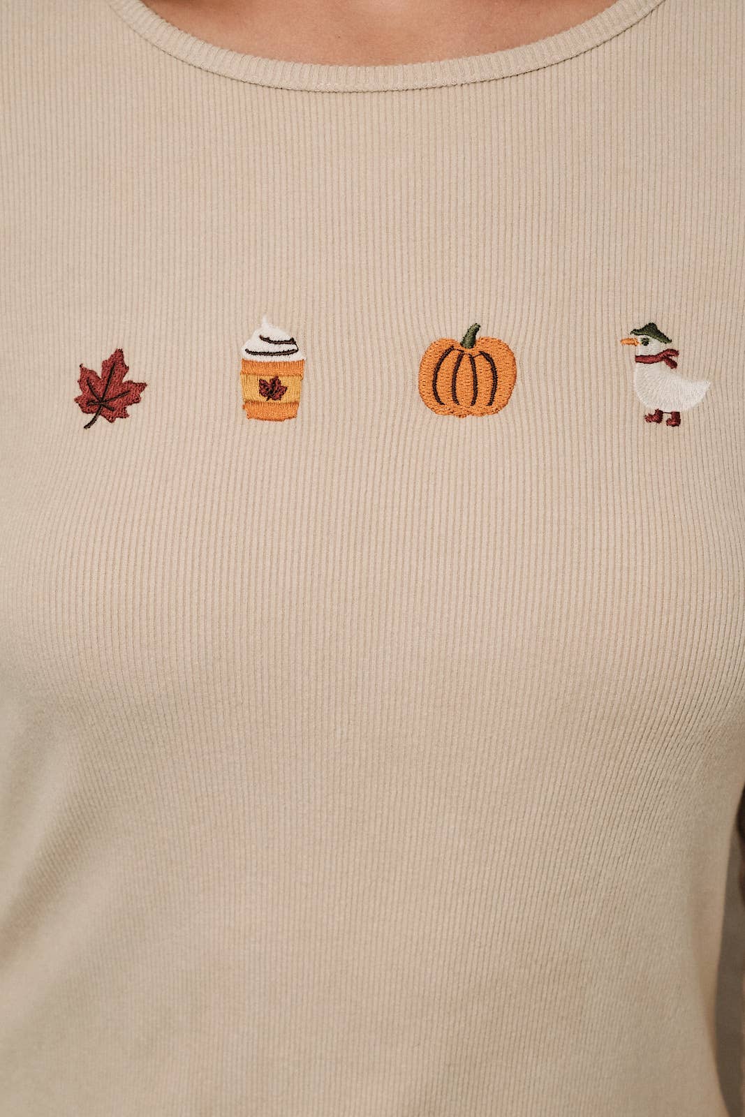 Round neck long sleeve ribbed top with fall-themed embroidery by Sunday Edition, featuring autumn-inspired designs.