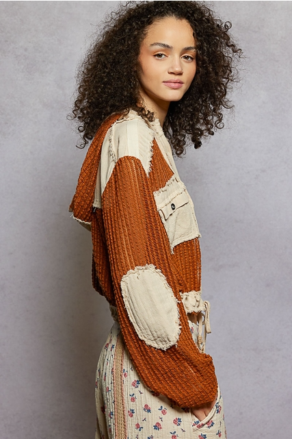 Open Knit Contrast Hooded Shacket with Frayed Edges - POL - RARA Boutique