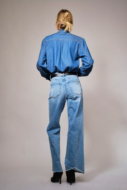 Tie Neck Chambray Denim Button Up Blouse - Blue B - RARA Boutique