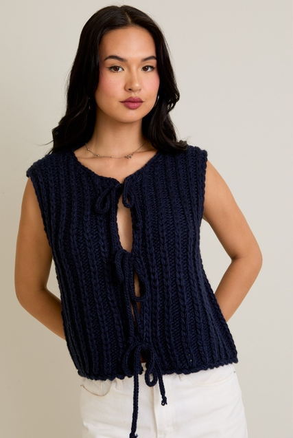 Round Neck Front Tie Chunky Sweater Vest - Le Lis - RARA Boutique
