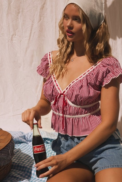 Gingham Lace Trim V-Neck Peplum Crop Top - Le Lis - RARA Boutique