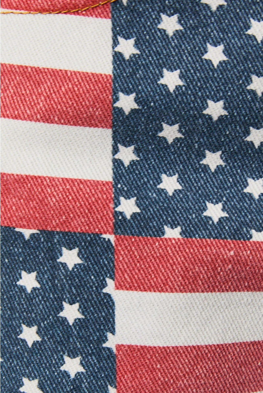 American flag patchwork denim shorts by Le Lis, featuring distressed details and frayed hems, styled on a model.