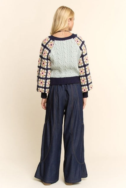 Crochet Sleeve Granny Square Cable Knit Sweater - Davi & Dani - RARA Boutique
