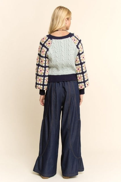 Crochet Sleeve Granny Square Cable Knit Sweater - Davi & Dani - RARA Boutique