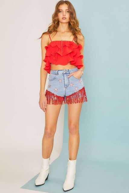 Sequin Fringe Star Denim Shorts - Main Strip - RARA Boutique