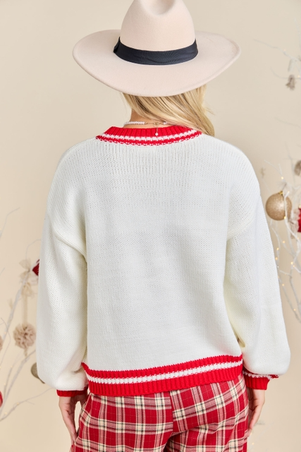 Gingham Christmas Tree Patchwork Sweater with Embroidered Bow - Main Strip - RARA Boutique
