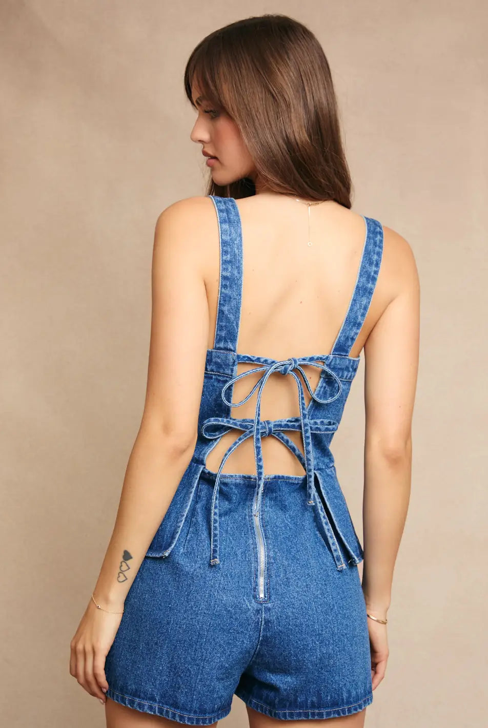 Peplum Top Denim Romper with Tie Back - Le Lis - RARA Boutique