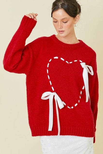 Lace Up Ribbon Heart Sweater with Bows - Main Strip - RARA Boutique