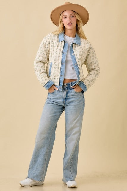 Floral Print Quilted Denim Jacket - Main Strip - RARA Boutique