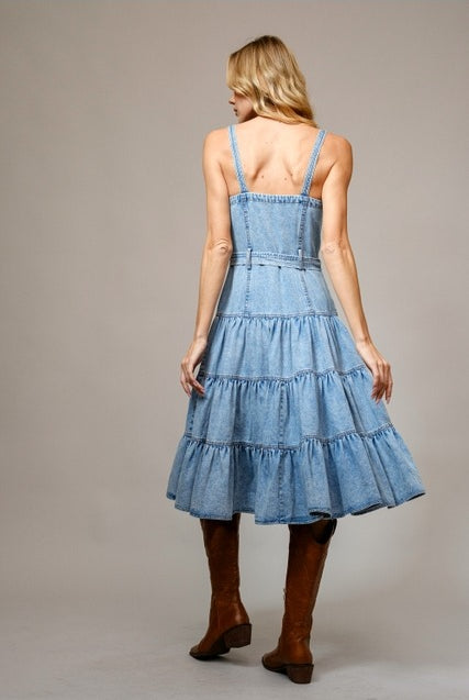 Garment Washed Denim Tiered Midi Dress with Zip Front - Blue B - RARA Boutique