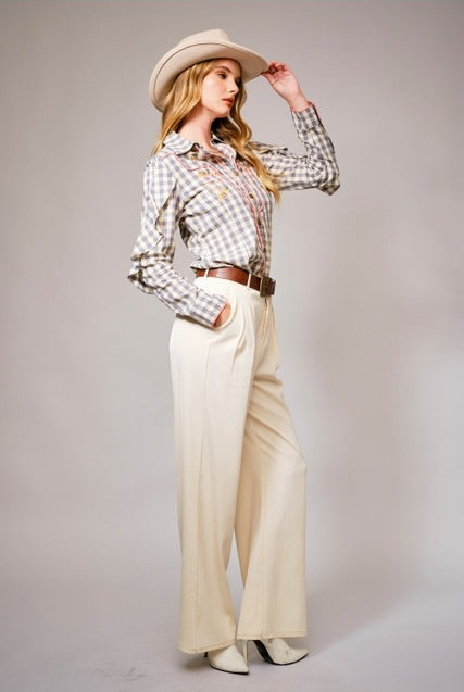 Long-Sleeve Gingham Western Embroidered Button Down Blouse - Blue B - RARA Boutique
