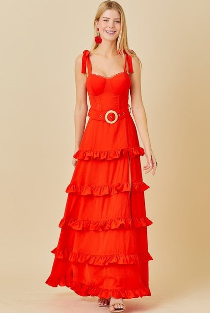 Tie Shoulder Belted Ruffle Maxi Dress - Main Strip - RARA Boutique