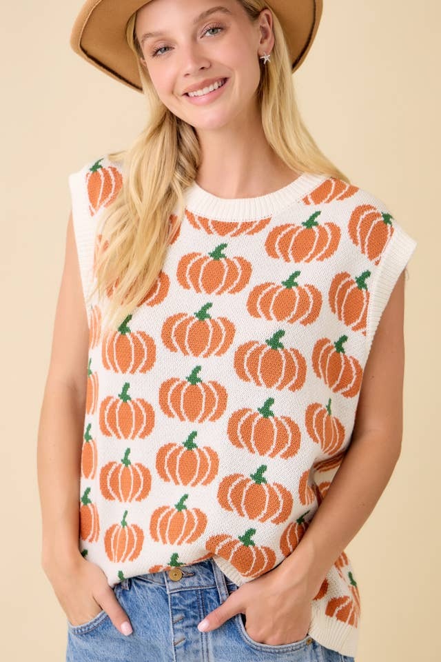 Pumpkin Print Knit Sweater Vest Sleeveless Top - Main Strip - RARA Boutique
