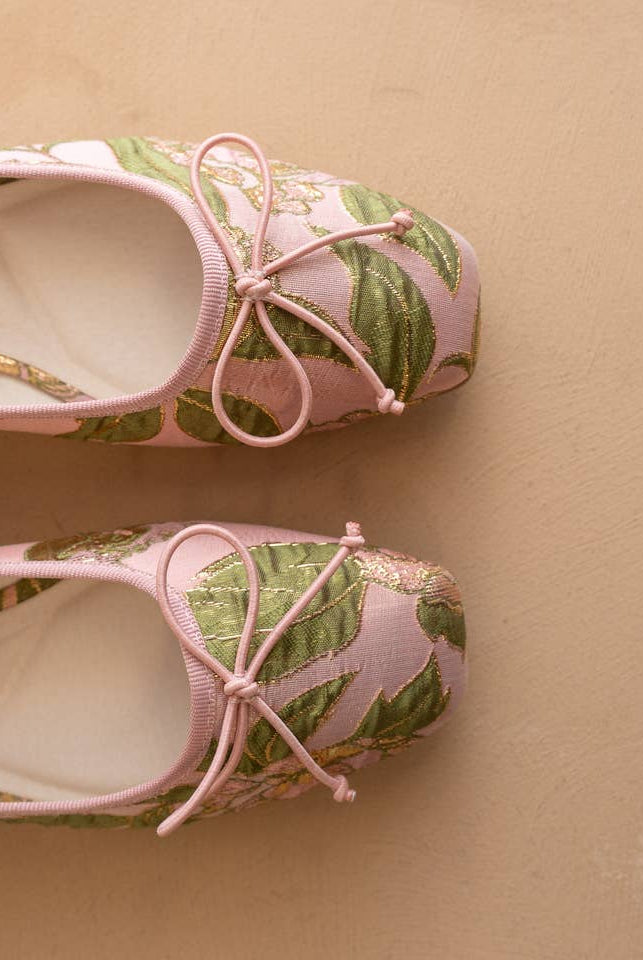 RARA Boutique Rose Garden floral Jacquard Mary Jane flats with bow detail, stylish flats and slippers for women.