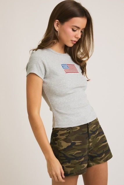 Rara Boutique embroidered American flag ribbed baby tee, soft cotton t-shirt with patriotic flag design for kids.