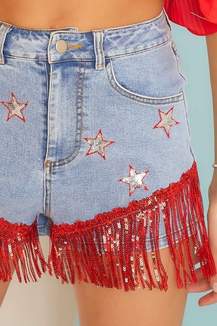 Sequin Fringe Star Denim Shorts - Main Strip - RARA Boutique