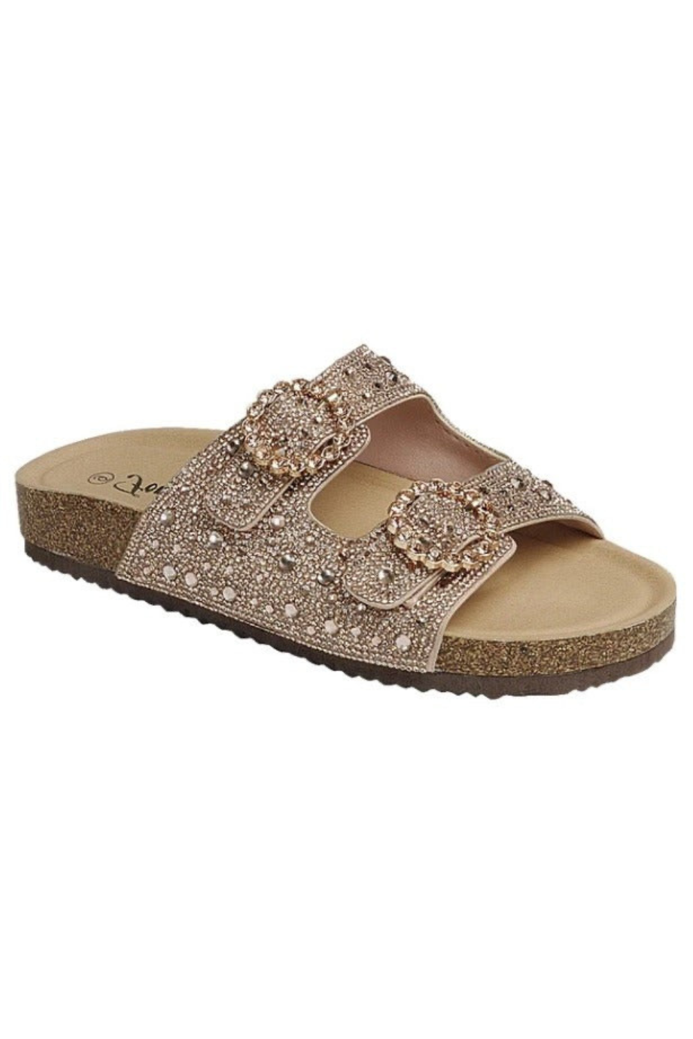 Rhinestone Cork Sole Double Buckle Slide Sandals - Forever - RARA Boutique