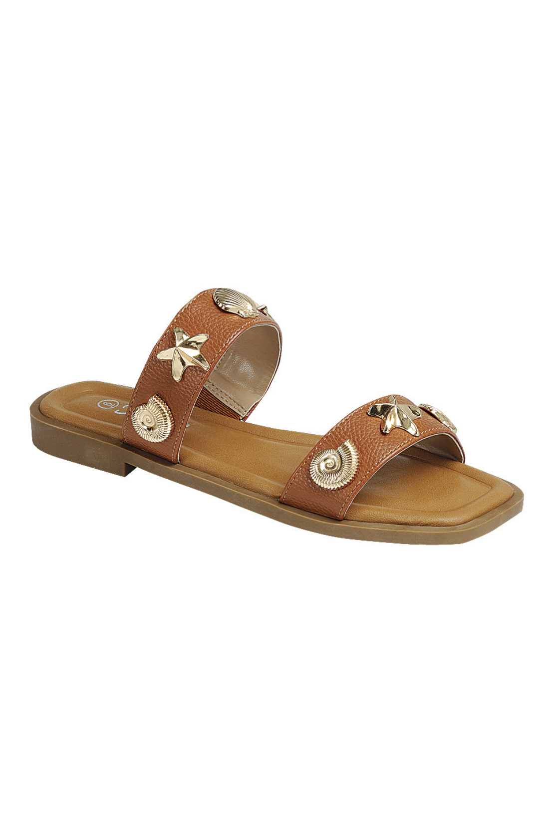 RARA Boutique nautical seashell charm double strap slide sandals with stylish design and comfortable slip-on fit.