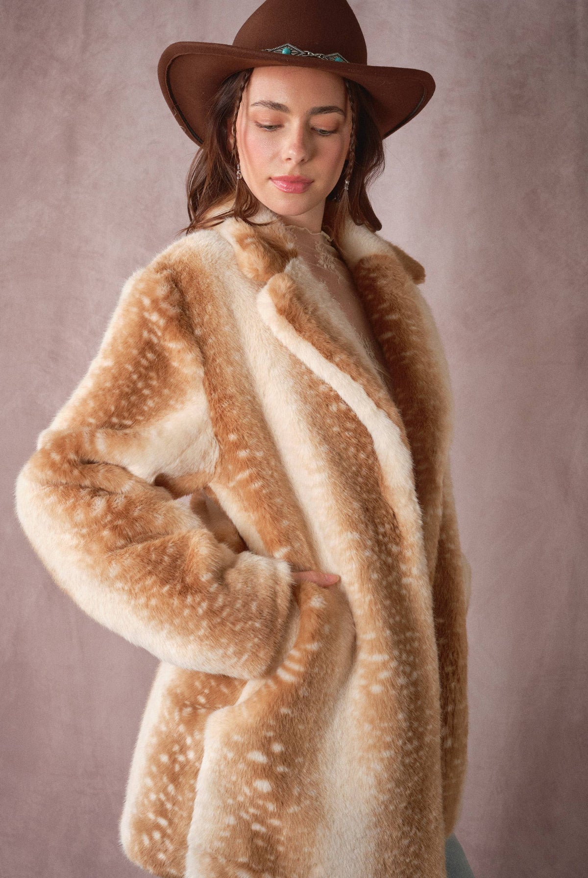 Blue B Deer Print Faux Fur Coat with realistic deer pattern, cozy and stylish winter outerwear for women.