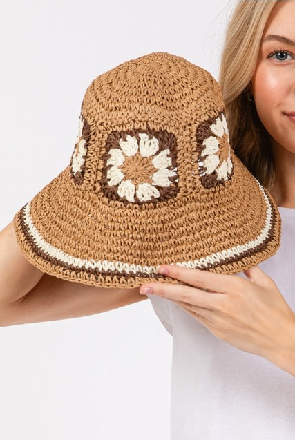 Floral Granny Square Crochet Straw Bucket Hat - RARA Boutique
