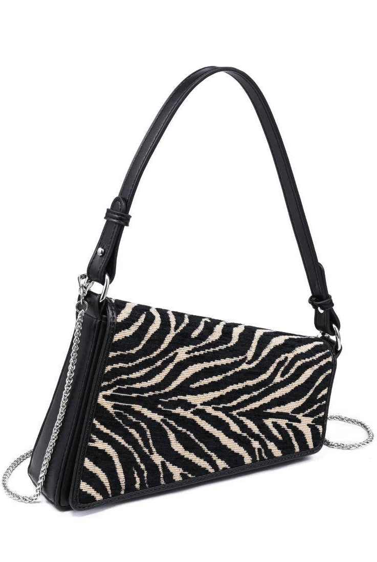 Urban Expressions Fatima zebra shoulder bag with black strap and textured black and white zebra print design.
