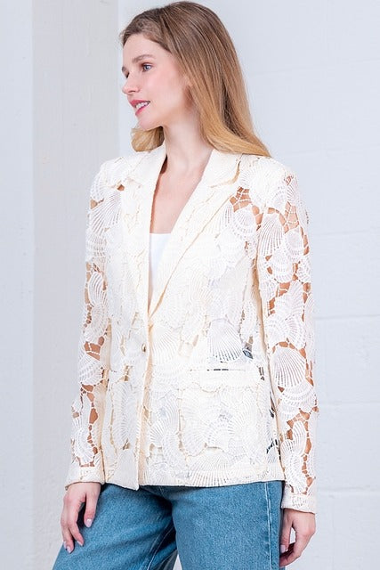 Seashell Lace Blazer Jacket with Gold Shell Button - Taelynn - RARA Boutique