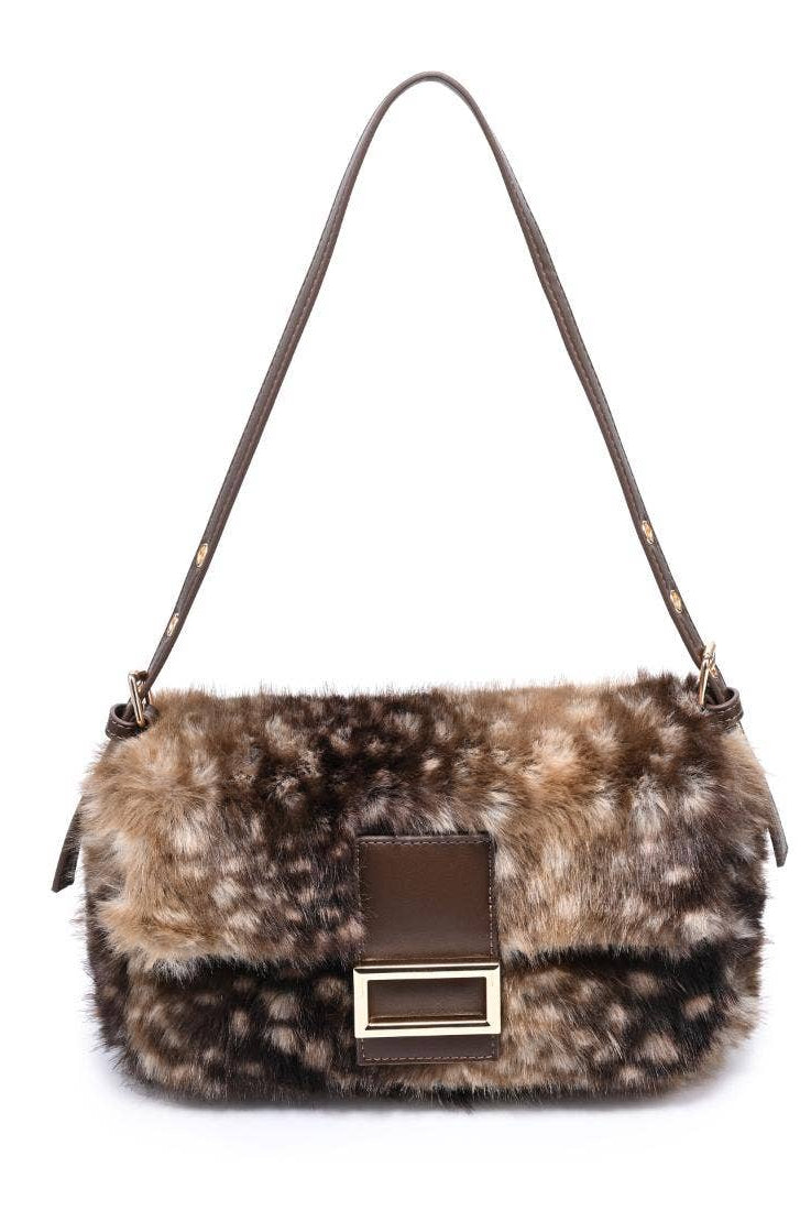 Urban Expressions Tuesday Beverly deer print fur crossbody bag with adjustable strap and top zipper closure.