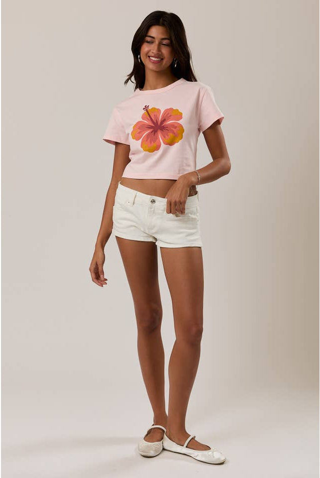 RARA Boutique Hibiscus tropical flower short sleeve cropped baby tee with vibrant floral print and casual fit.