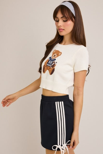 Short Sleeve Football Teddy Bear Sweater Crop Top - Le Lis - RARA Boutique