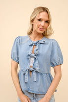 Puff Sleeve Bow Tie Front Denim Cut Out Top - Blue B - RARA Boutique