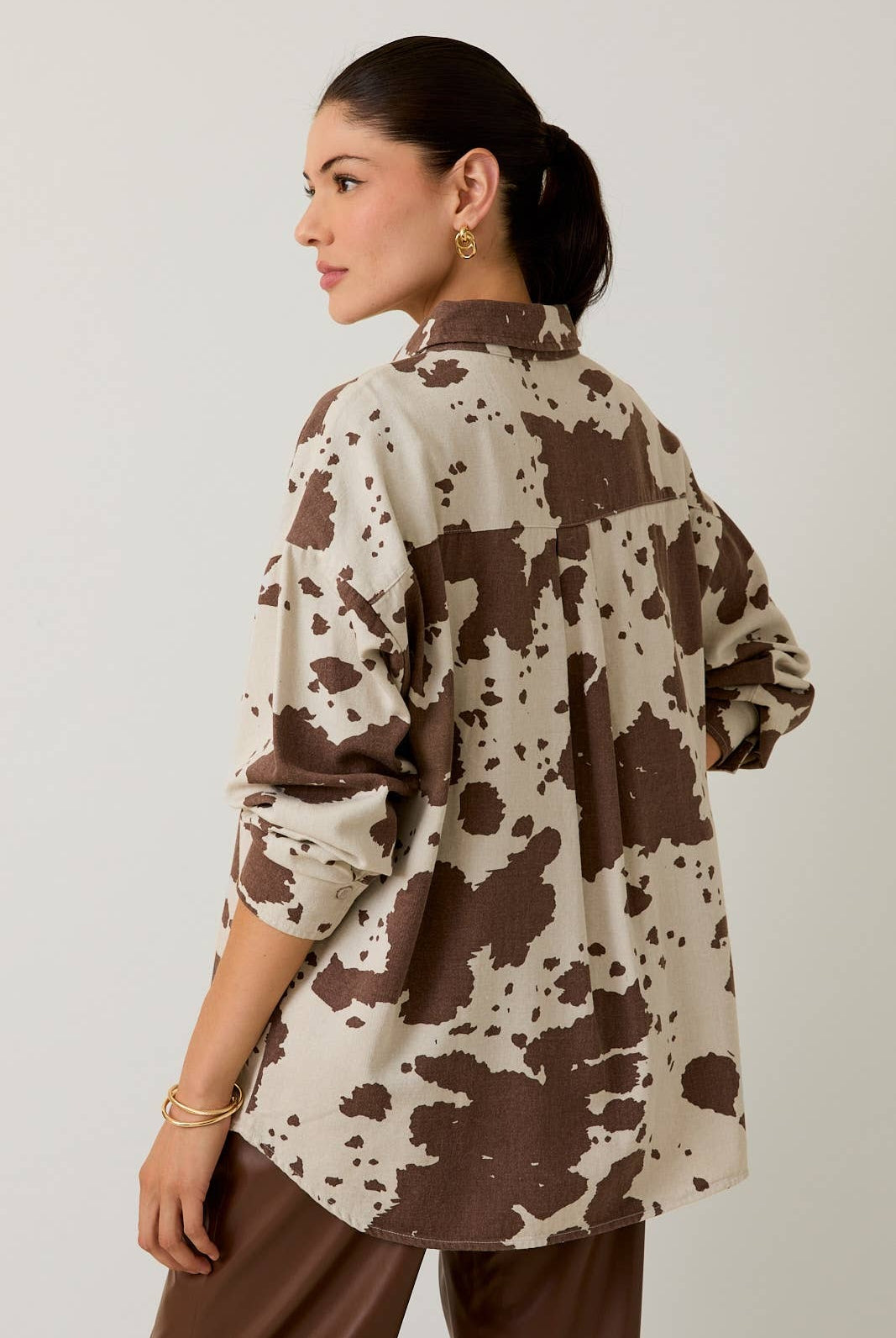 Oversized Cow Print Denim Long Sleeve Button Down Shirt - Sunday Edition - RARA Boutique