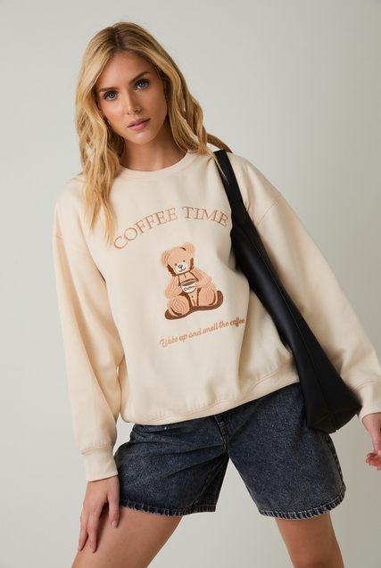 Coffee Time Teddy Bear Embroidered Crewneck Sweatshirt - Sunday Edition - RARA Boutique