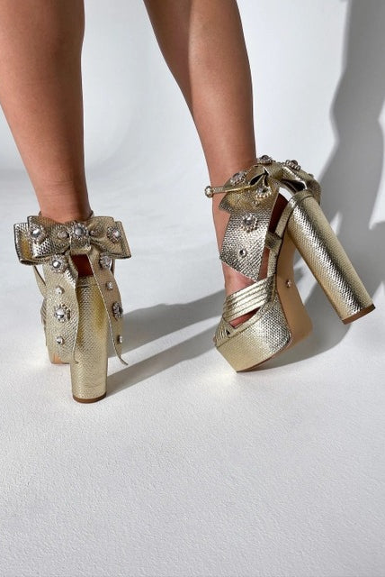 Bow Ankle Strap Metallic Platform Heels - Azalea Wang - RARA Boutique