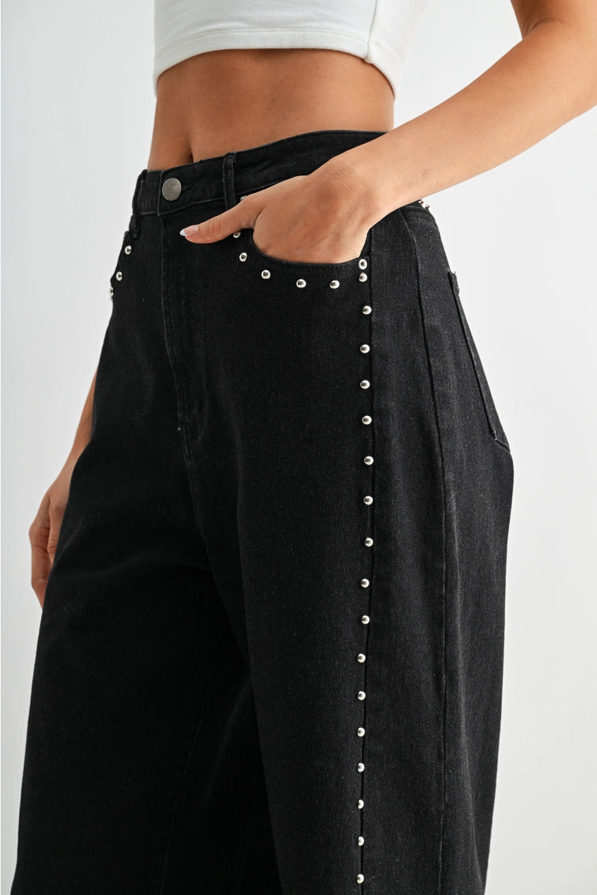 RARA Boutique studded ultra wide leg washed jeans with distressed details, showcasing a relaxed fit and edgy style.