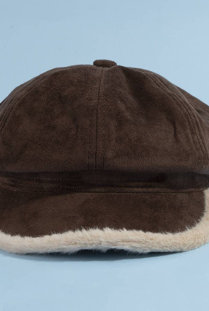 Vegan suede newsboy cabbie hat with plush trim in a classic style, featuring a rounded crown and brim, from Collections by Fame Accessories.