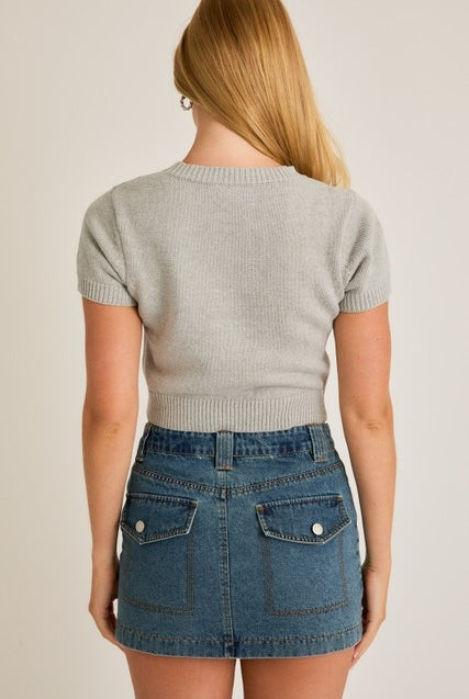Short Sleeve Crew Neck Teddy Bear Sweater Crop Top - Le Lis - RARA Boutique