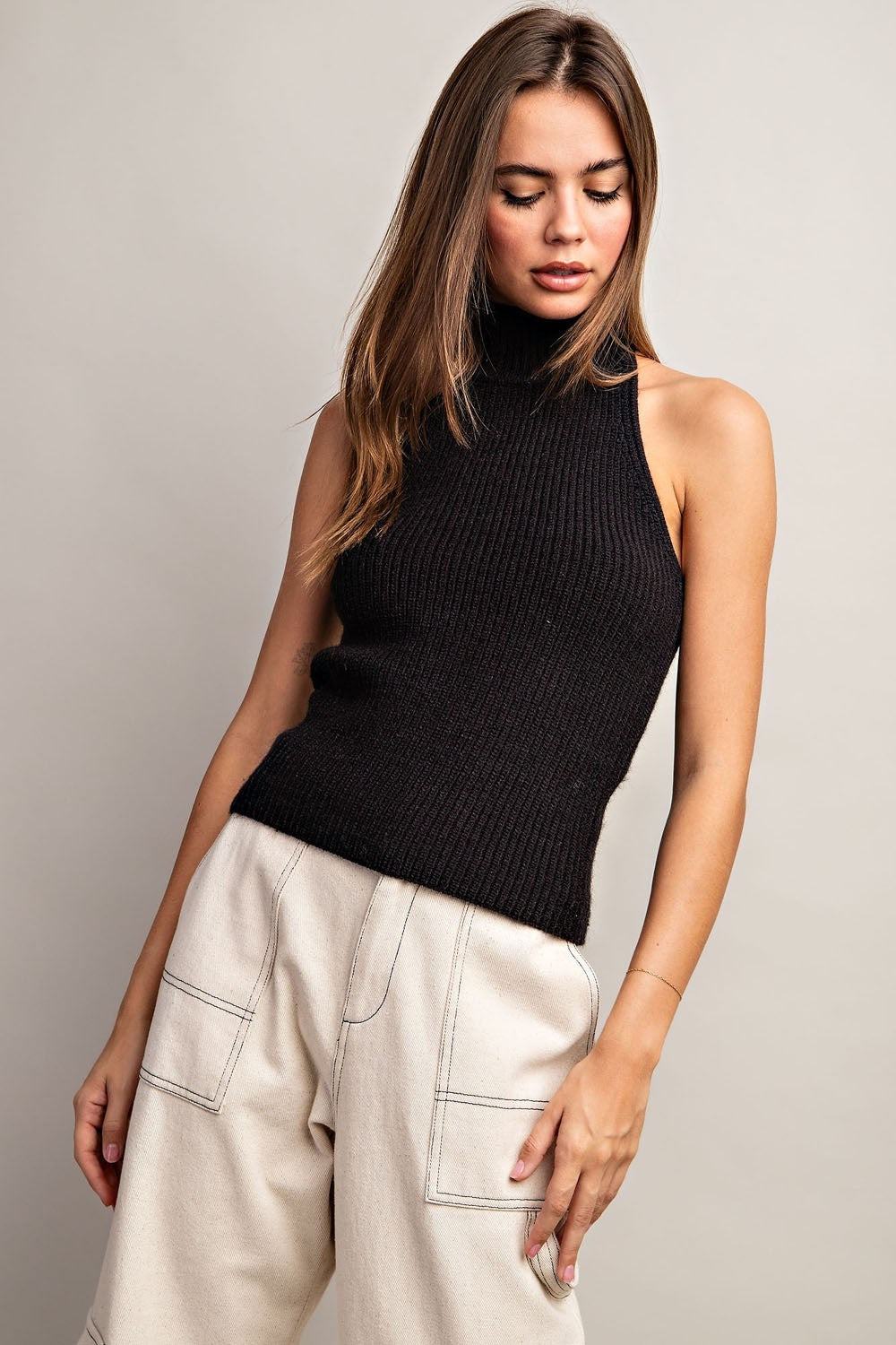 Sleeveless Turtle Neck Halter Sweater Top with Open Back - eesome - RARA Boutique