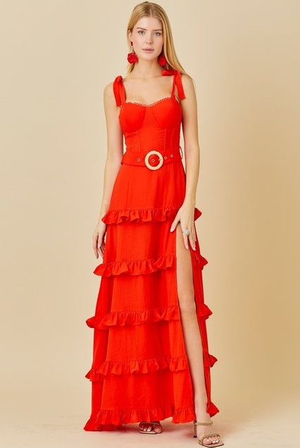 Tie Shoulder Belted Ruffle Maxi Dress - Main Strip - RARA Boutique