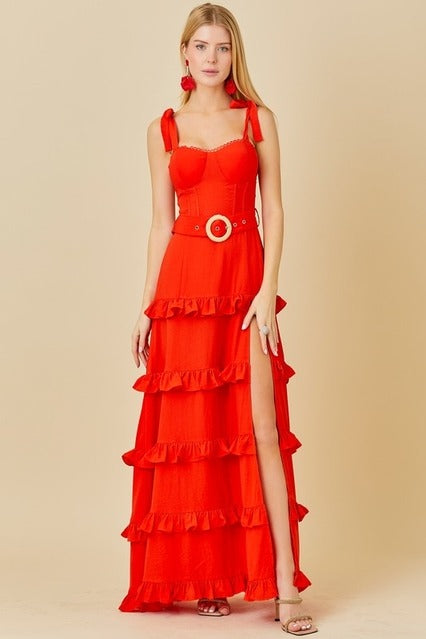 Tie Shoulder Belted Ruffle Maxi Dress - Main Strip - RARA Boutique