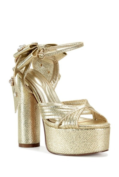Bow Ankle Strap Metallic Platform Heels - Azalea Wang - RARA Boutique