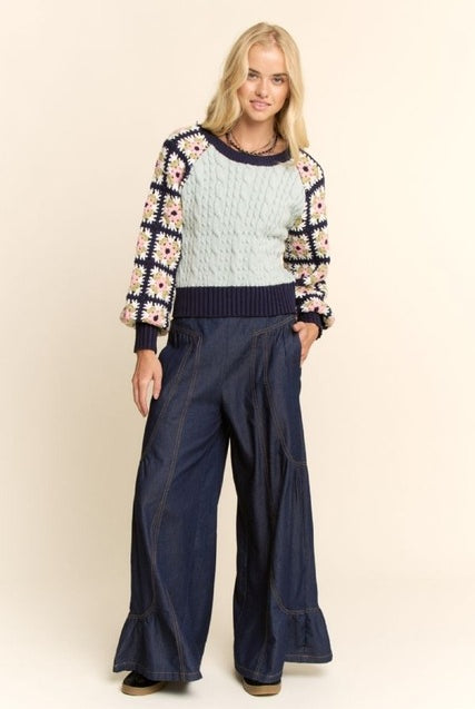 Crochet Sleeve Granny Square Cable Knit Sweater - Davi & Dani - RARA Boutique