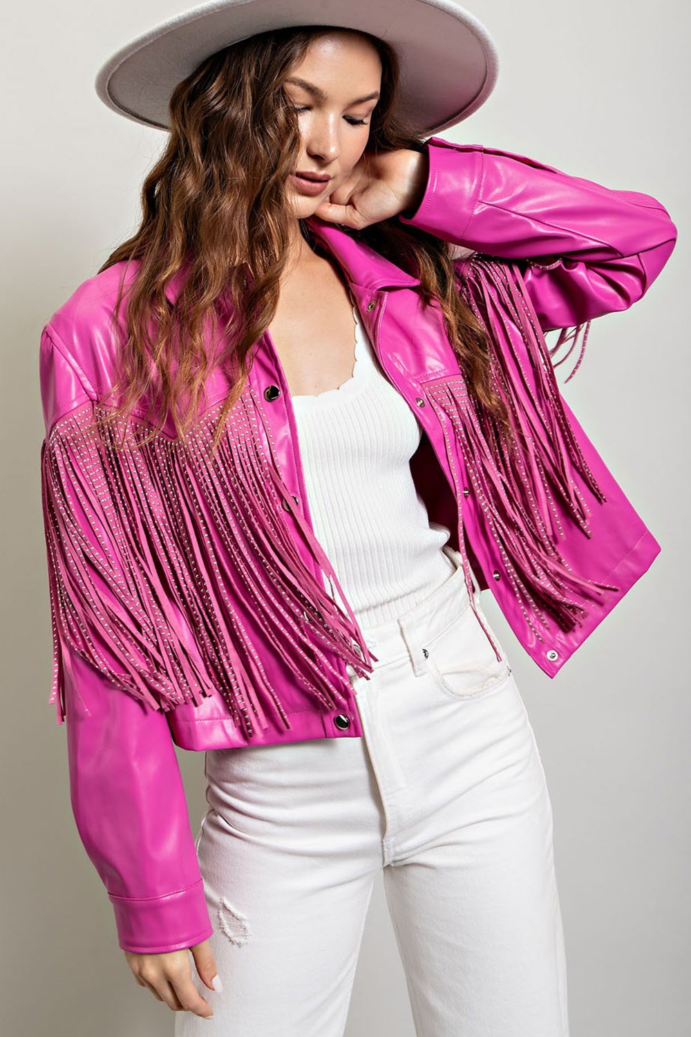 Studded Fringe Faux Leather Moto Jacket - eesome - RARA Boutique