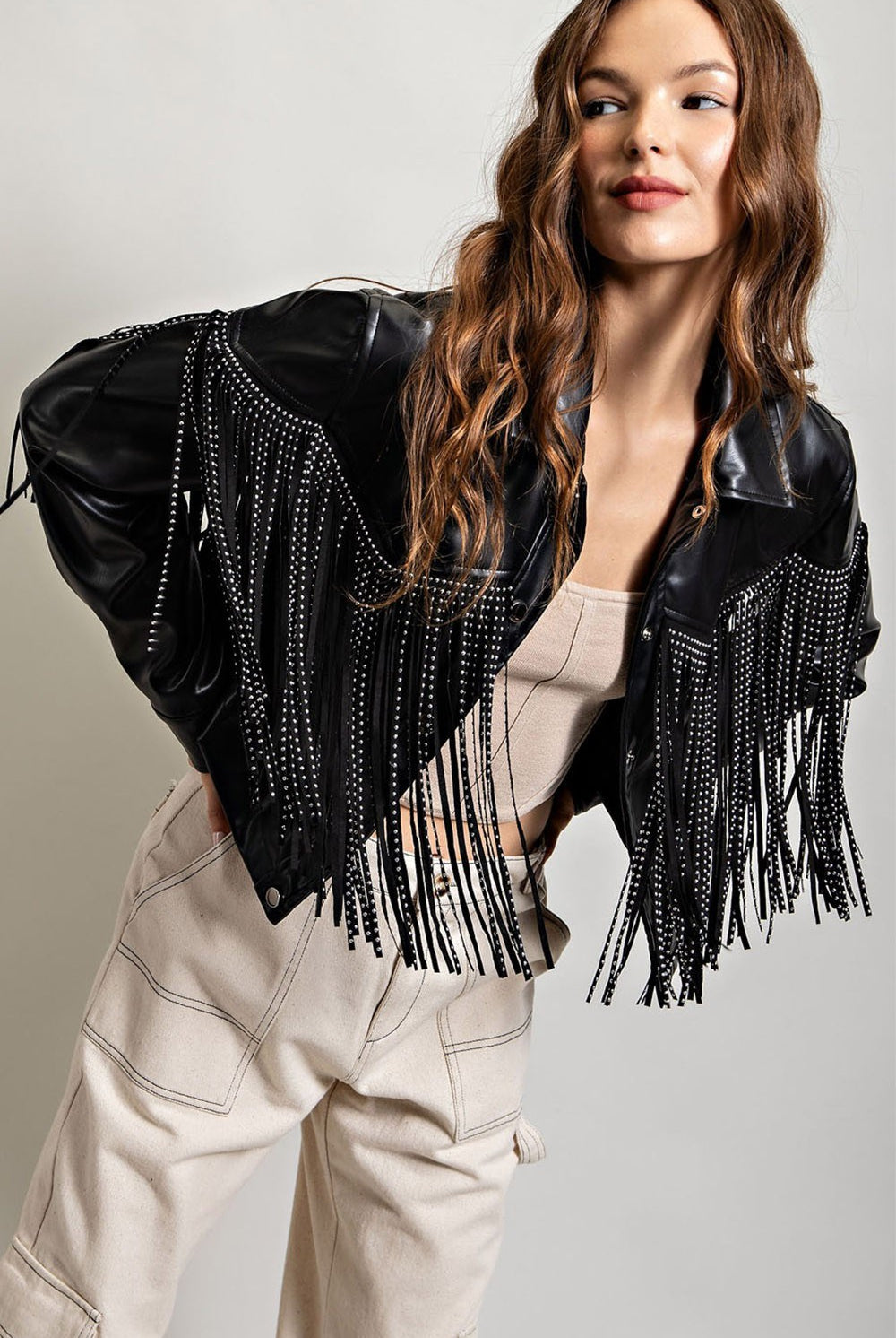 Studded Fringe Faux Leather Moto Jacket - eesome - RARA Boutique